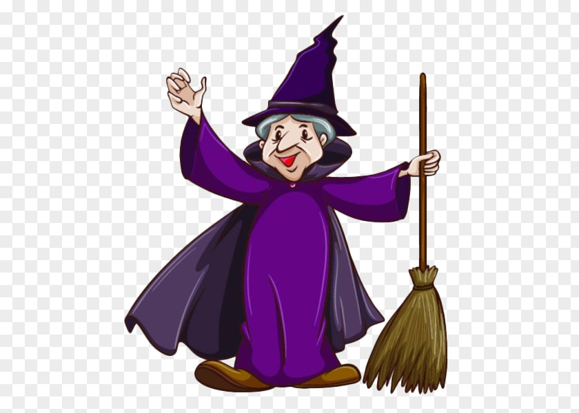 The Old Witch With Magic Broom In Cartoon & Wizard Magician Witchcraft Clip Art PNG