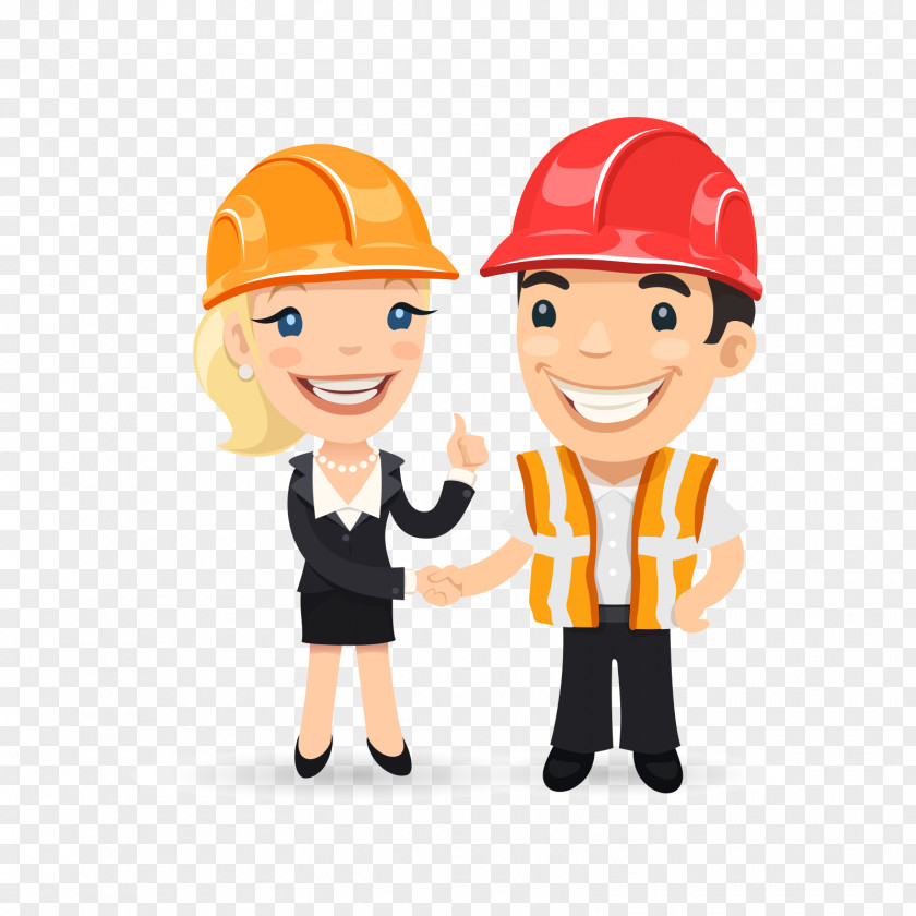 Men And Women Shaking Hands With Helmets Cartoon Engineering Illustration PNG