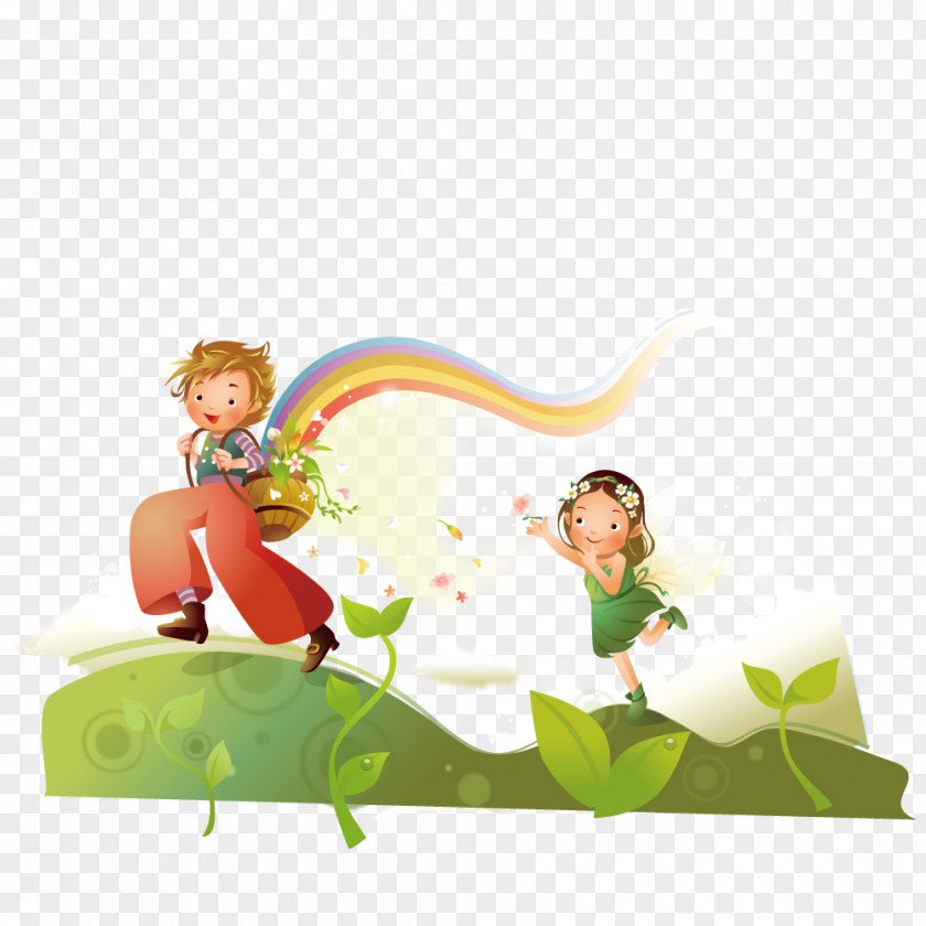 Men And Women Running On The Grass Cartoon Illustration PNG