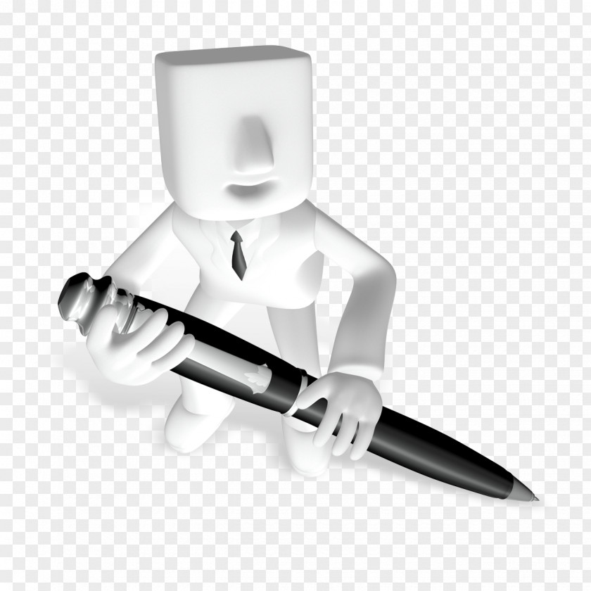 White Little Man Holding A Neutral Pen Fountain PNG