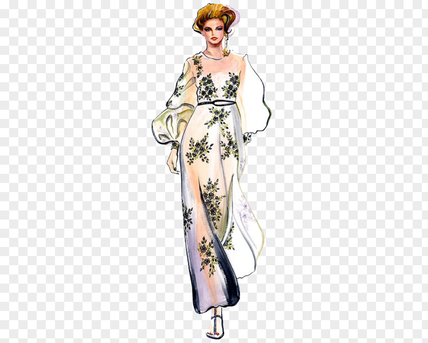 Painted White Dress Woman Model Runway PNG