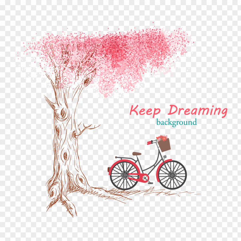 Vector Pink Tree And Bike Art PNG