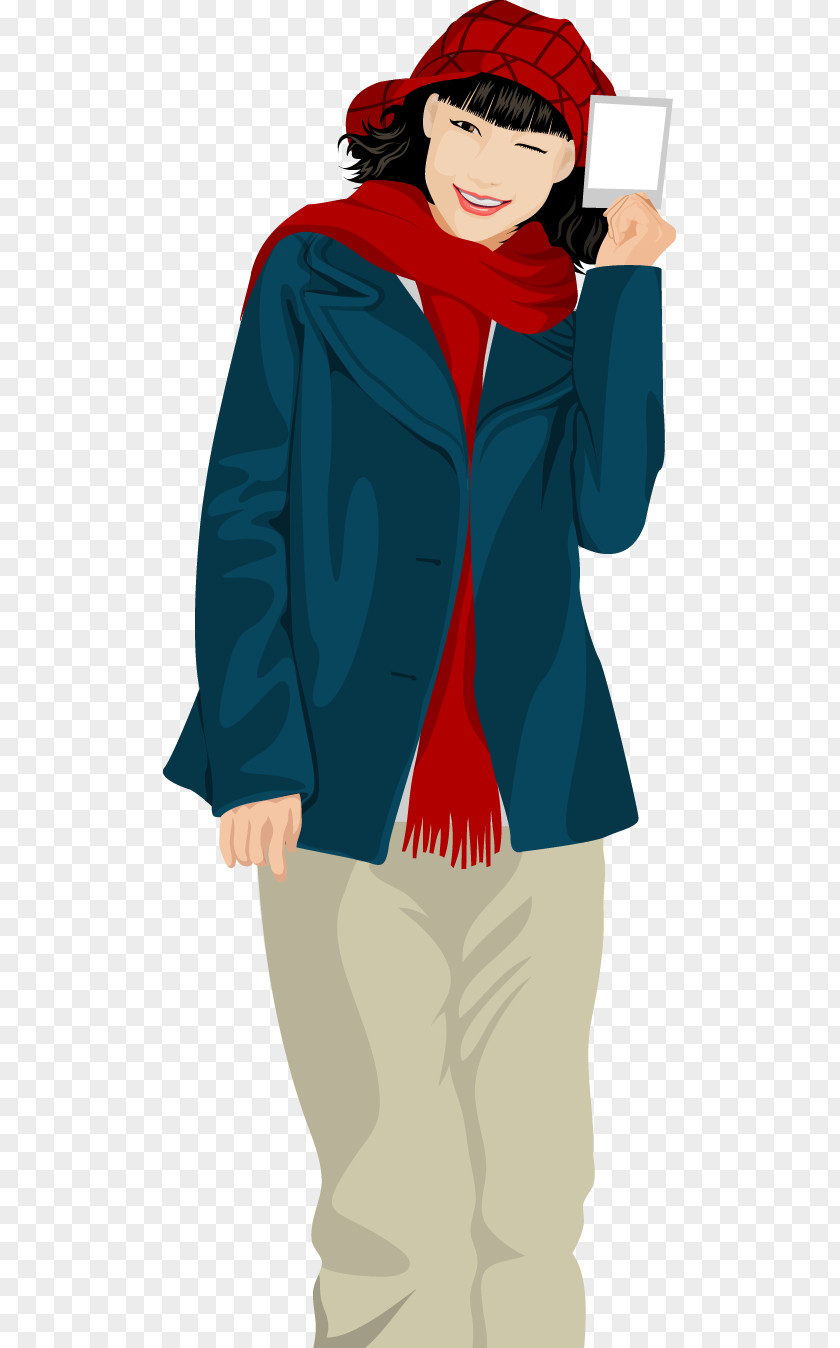 Red Hat Wearing Scarf Vector Wink Woman Cartoon Clip Art PNG