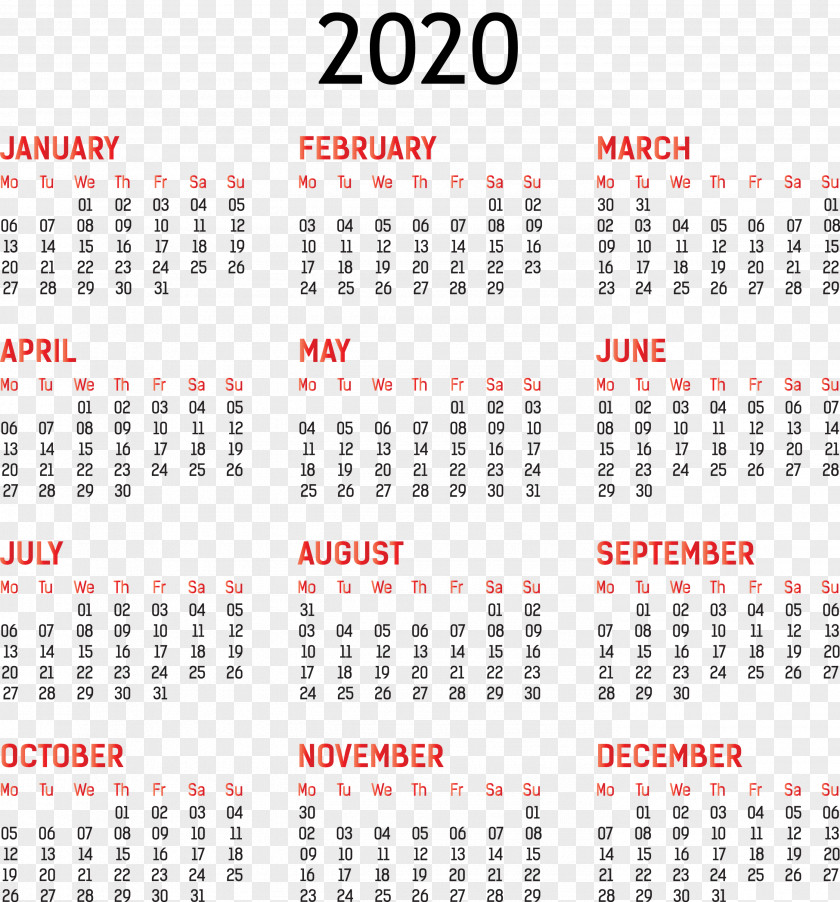 2020 Yearly Calendar Printable Template Full Year PNG