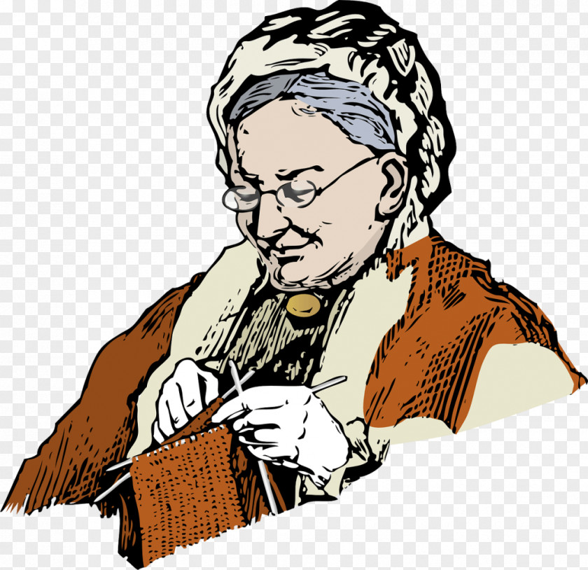 Cartoon Grandmother Knitting Hand-Sewing Needles Yarn Clip Art PNG