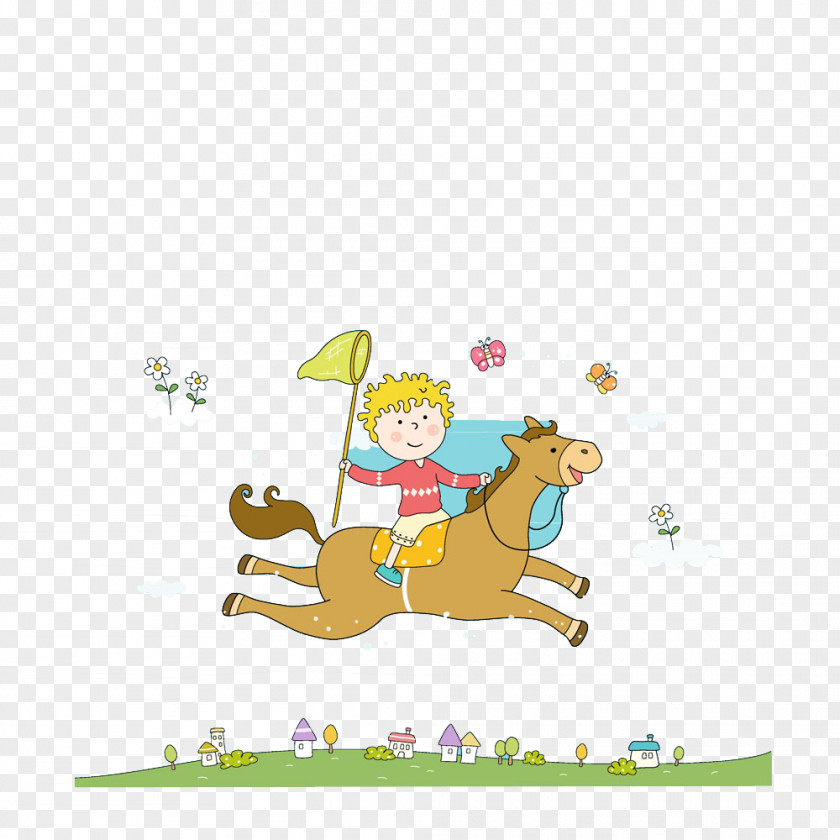 Lovely Boy Riding A Horse To Catch Butterflies Butterfly PNG