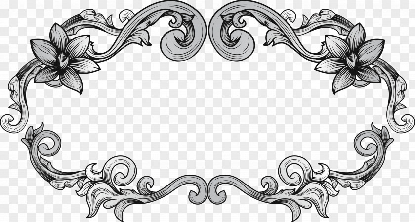 European Hand-painted Flower Bones Border Black And White PNG