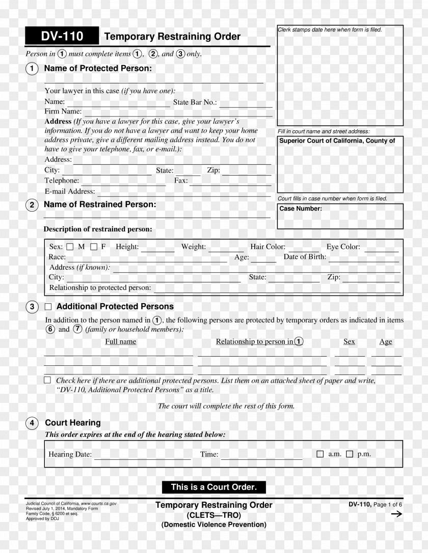 Restraining Order Template Form Domestic Violence California PNG