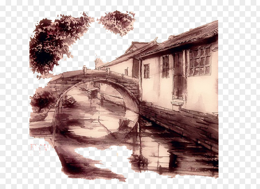 Bridge Edge Of The Village Ink Wash Painting Drawing Illustration PNG