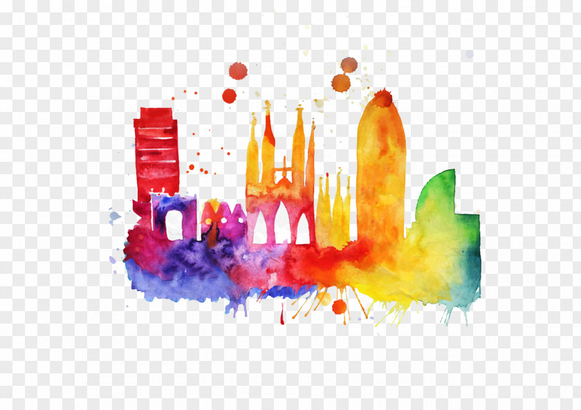 Color City Barcelona Skyline Poster Painting PNG