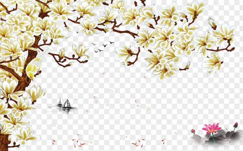 Magnolia Tree Paper Wall Painting Wallpaper PNG