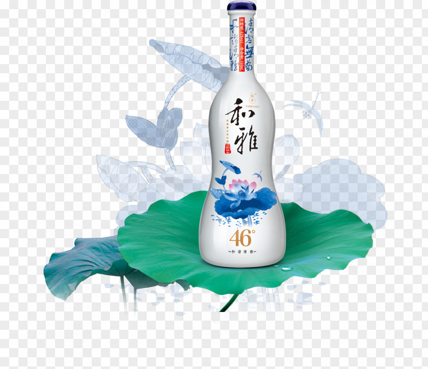 A Bottle Of Wine On Lotus Leaf Liqueur Vodka Alcoholic Beverage PNG