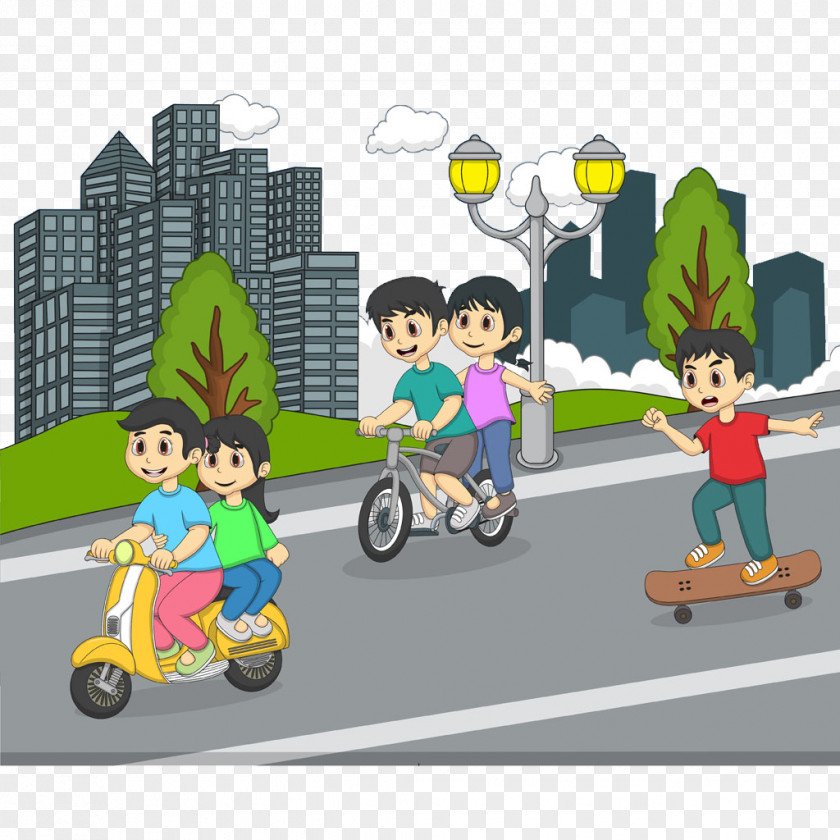 Children On The Street Kick Scooter Bicycle Skateboard Cartoon PNG