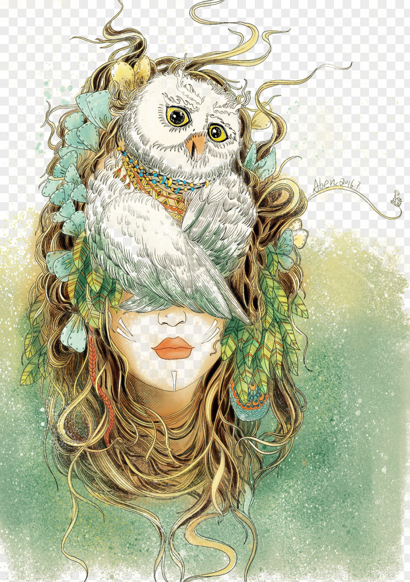 Owls Head Headdress Woman Creative Illustration Owl Visual Arts Drawing PNG