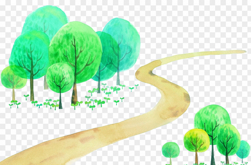 Tree-lined Trail Vector Cartoon Watercolor Painting Illustration PNG