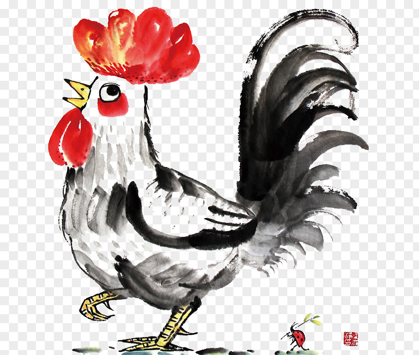 Ink Cock Plymouth Rock Chicken Rooster Wash Painting Illustration PNG