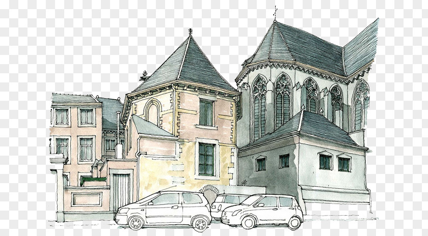 Watercolor City Architecture Painting Drawing Sketch PNG