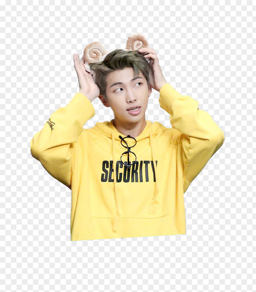 RM BTS K-pop Wings Rapper PNG Rapper, rap, man wearing yellow security pullover hoodie with brown animal ears clipart PNG