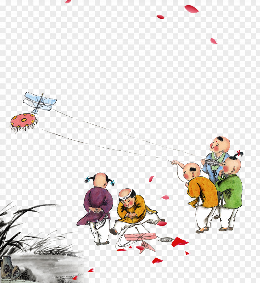 Hand-painted Watercolor Kite-flying Ancient Children China Child History Kite Play PNG