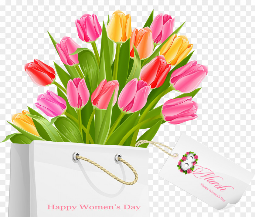 Happy Womens Day Gift Bag With Tulips International Women's Public Holiday March 8 Woman PNG