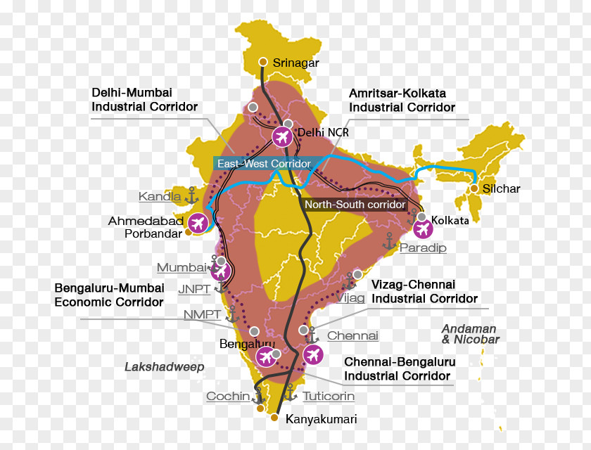 India Government Of North–South Transport Corridor Delhi–Mumbai Industrial Project Map PNG