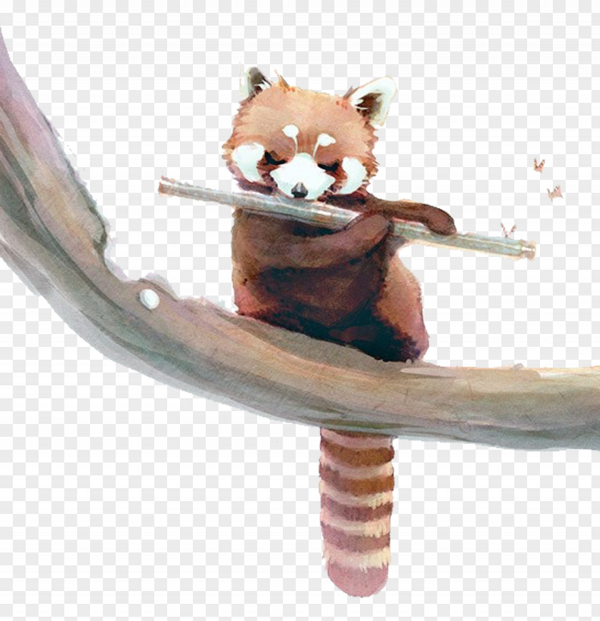 Hand-painted Flute Of The Fox Red Panda Giant Raccoon Watercolor Painting Squirrel PNG