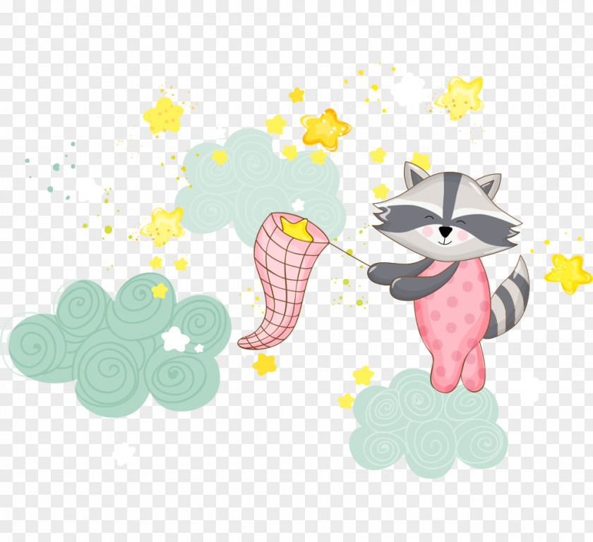 Hand-painted Cartoon Raccoon Grab Stars Infant Baby Shower Illustration PNG