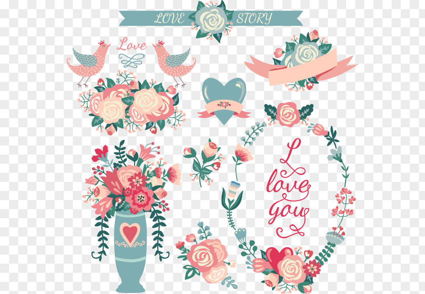 Wedding Flowers And Birds Vector PNG