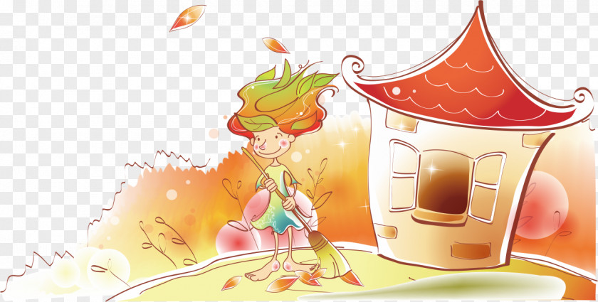 Outside Cabin Cleaning Leaves Elf Autumn Child PNG