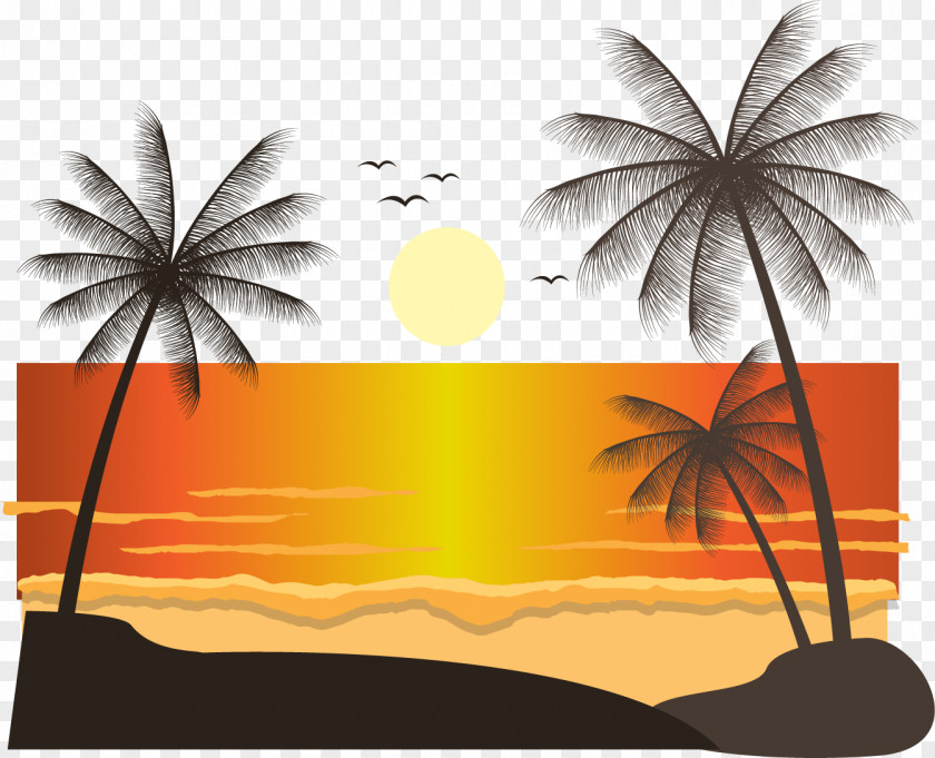 Coconut Tree Beach At Sunset Euclidean Vector Landscape Arecaceae PNG