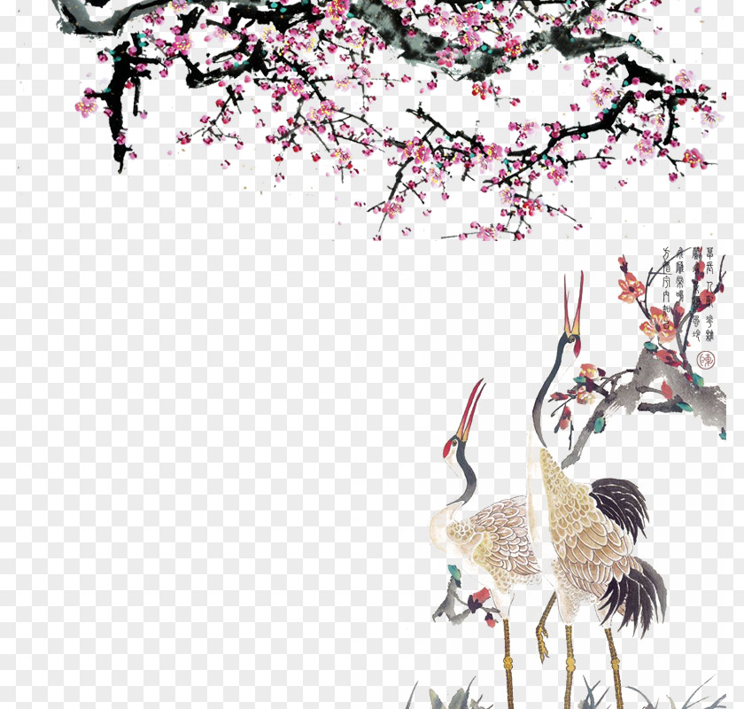 Red Crowned Crane Under Ink And Wash Peach Blossoms Cherry Blossom PNG