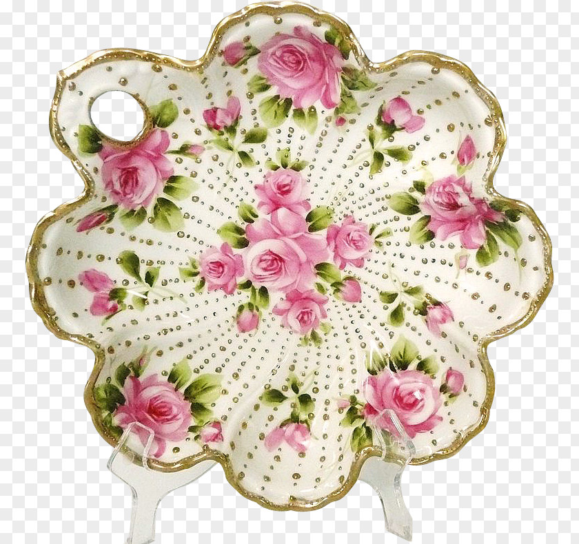 Hand Painted Crown Cut Flowers Plate Porcelain Satsuma Ware Floral Design PNG