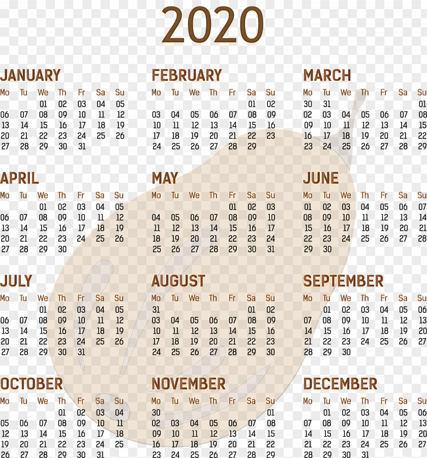 2020 Yearly Calendar Printable Template Full Year PNG