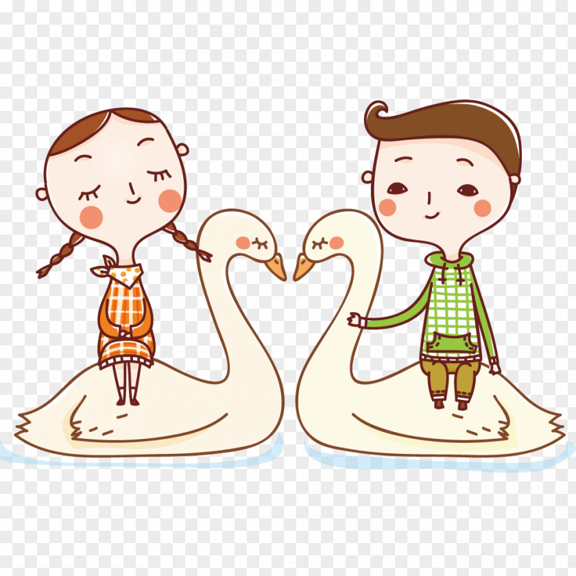 Couple Sitting On A Swan Cartoon Love Drawing PNG