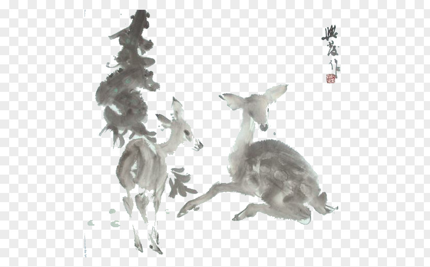 Ink Painting Deer Reindeer Wash PNG