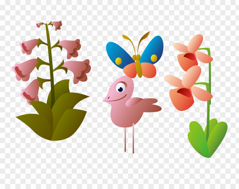 Pink Bell Flowers And Birds Cartoon Drawing PNG