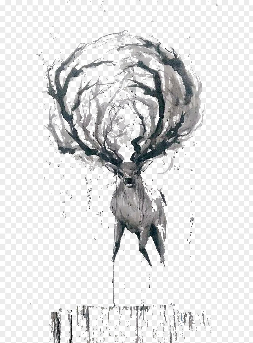 Creative Ink Deer Hand Painted Watercolor Painting Wash Sketch PNG