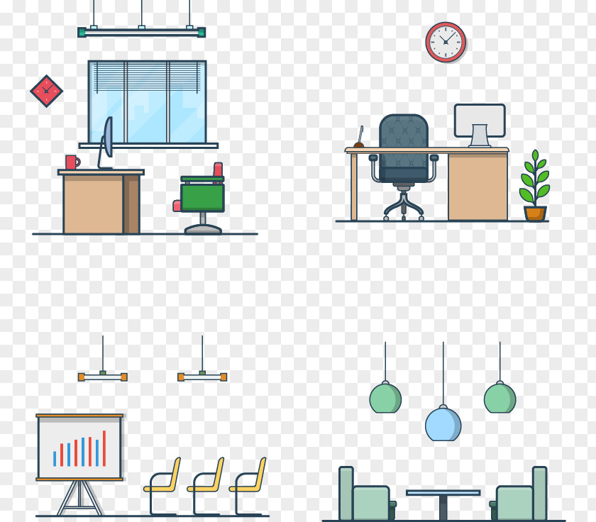 Four Different Office Space Vector Material Table Chair Conference Centre PNG