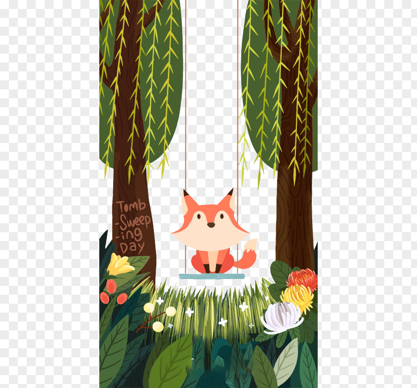 Swingin Little Fox Cartoon Illustration PNG