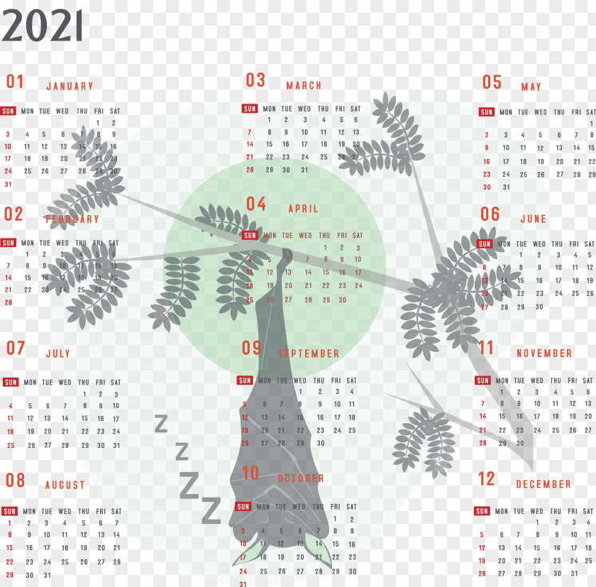 Year 2021 Calendar Printable Yearly Full PNG