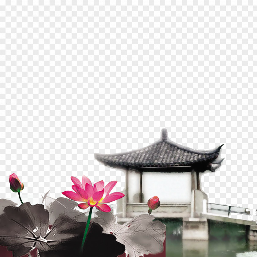 Ink Lotus Pavilion Wash Painting Download PNG