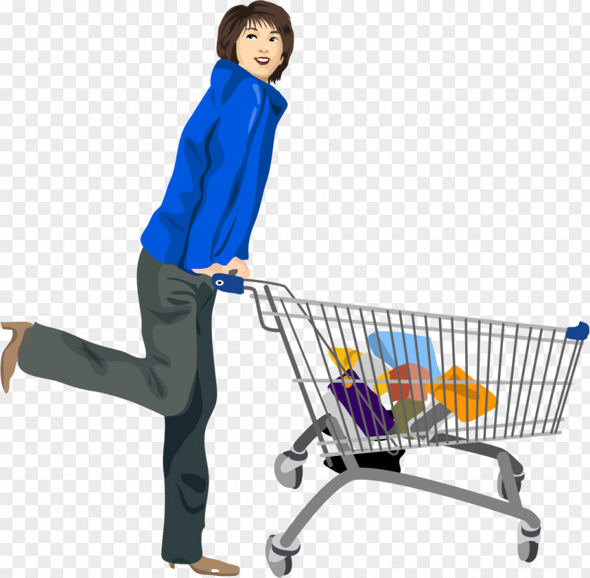 A Woman Pushing Shopping Cart Illustration PNG