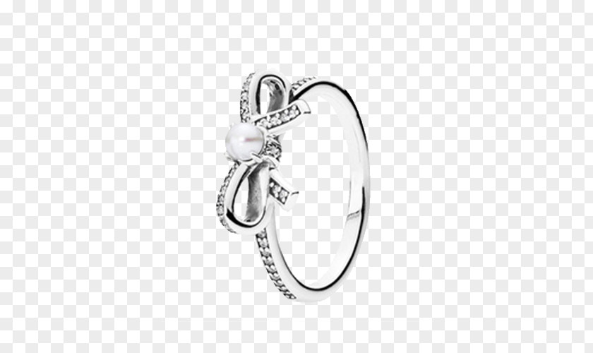 Pandora Pearl Bow Ring Sterling Silver Cubic Zirconia PNG
