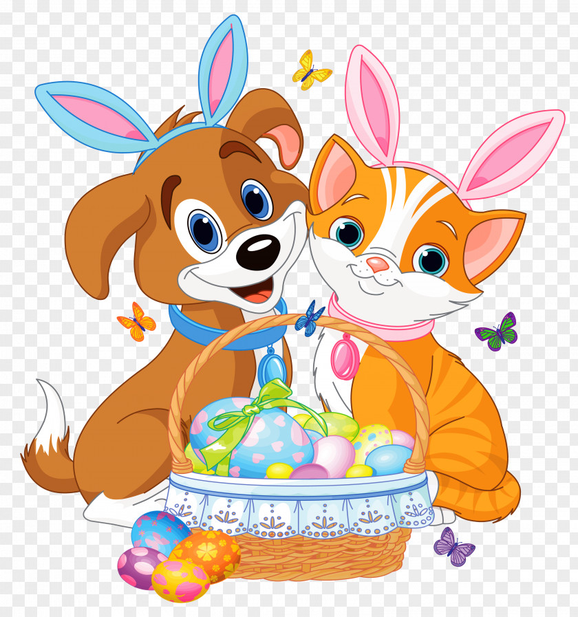 Cute Puppy And Kitten With Easter Bunny Ears Basket Cat Dog Pet PNG