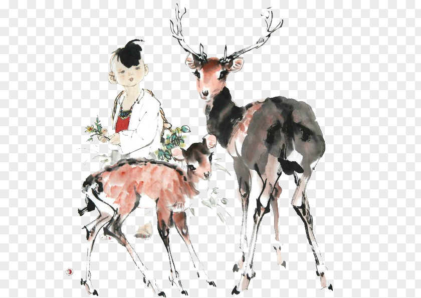 Chinese Painting Shepherd And Deer Computer File PNG