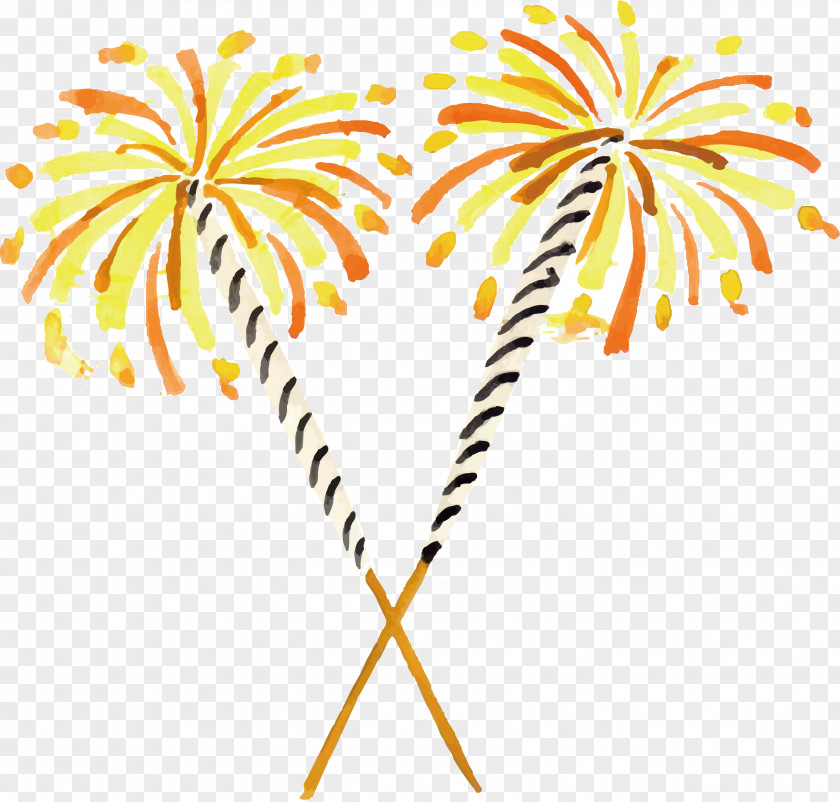 Yellow Hand With Fireworks Watercolor Painting PNG