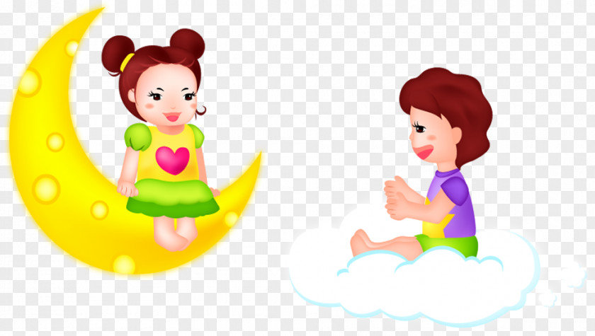 Children Sitting On Clouds Vector Illustration Moon PNG