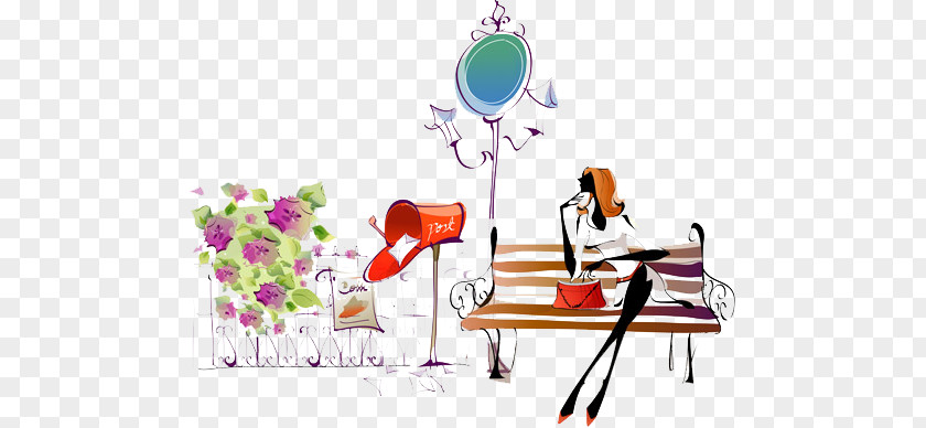 Fashionable Women Sitting Beside The Inbox Download Cartoon Illustration PNG