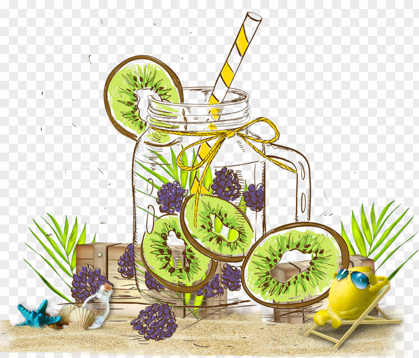 Hand Painted Kiwi Mulberry Lemon Beach Background Tea Juice Fruit Food Drink PNG