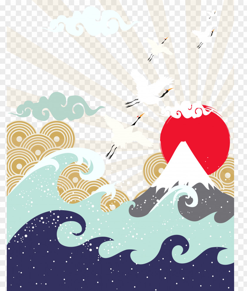 Mountain Sun Japanese Illustration Japan Wave PNG